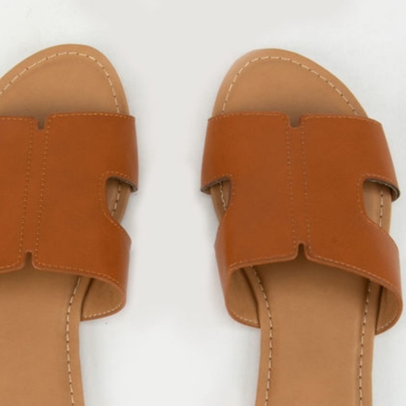 Cognac Slide Sandals Vegan Leather Trendy Summer - Picture 4 of 8